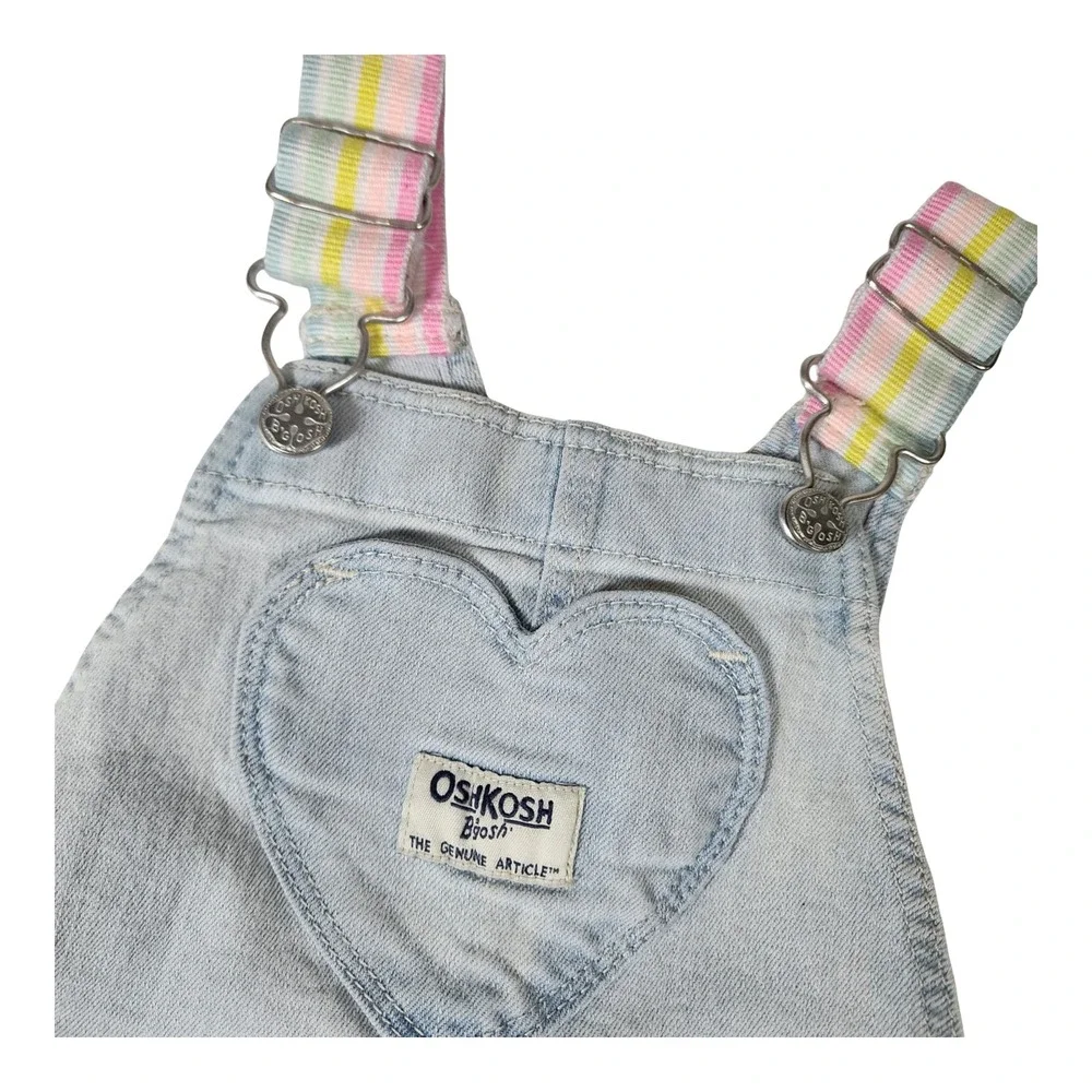 OshKosh Bgosh Kids Light Wash Heart Bib Denim Shortalls Rainbow Straps 18M